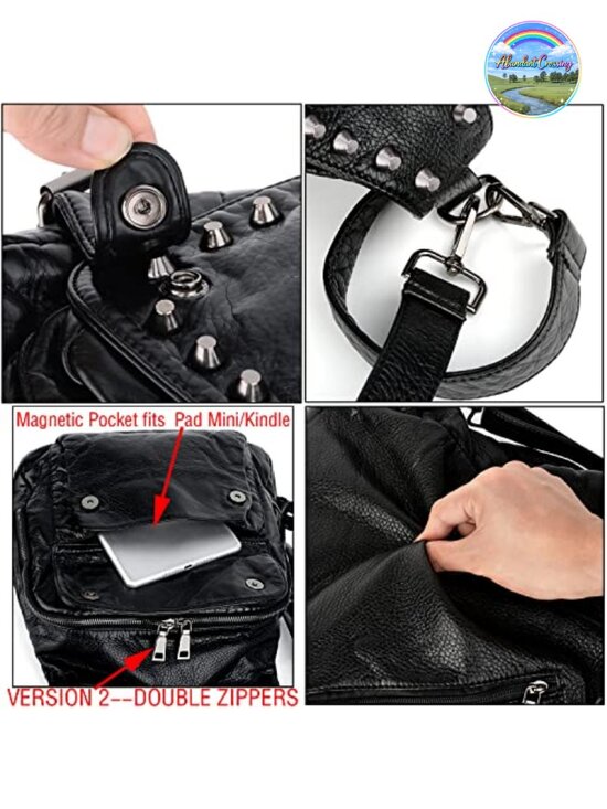 Washed Leather Rivet Studded Convertible Rucksack Shoulder Bag Backpack main image 6